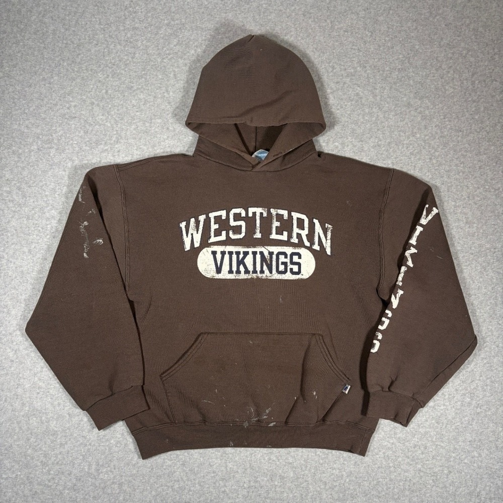 Russell Athletic Hoodie Men's Medium Western Vikings Brown Pullover 2000s Y2K